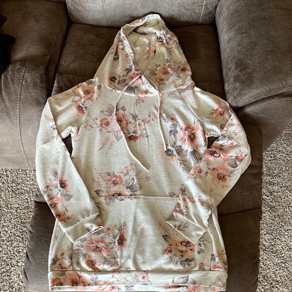 12PM by Mon Ami floral hoodie, Size medium, heathered beige, peach, brown